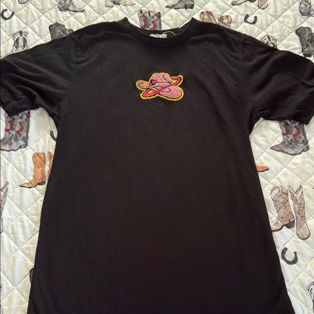 Black T-Shirt with Pink and Yellow Logo